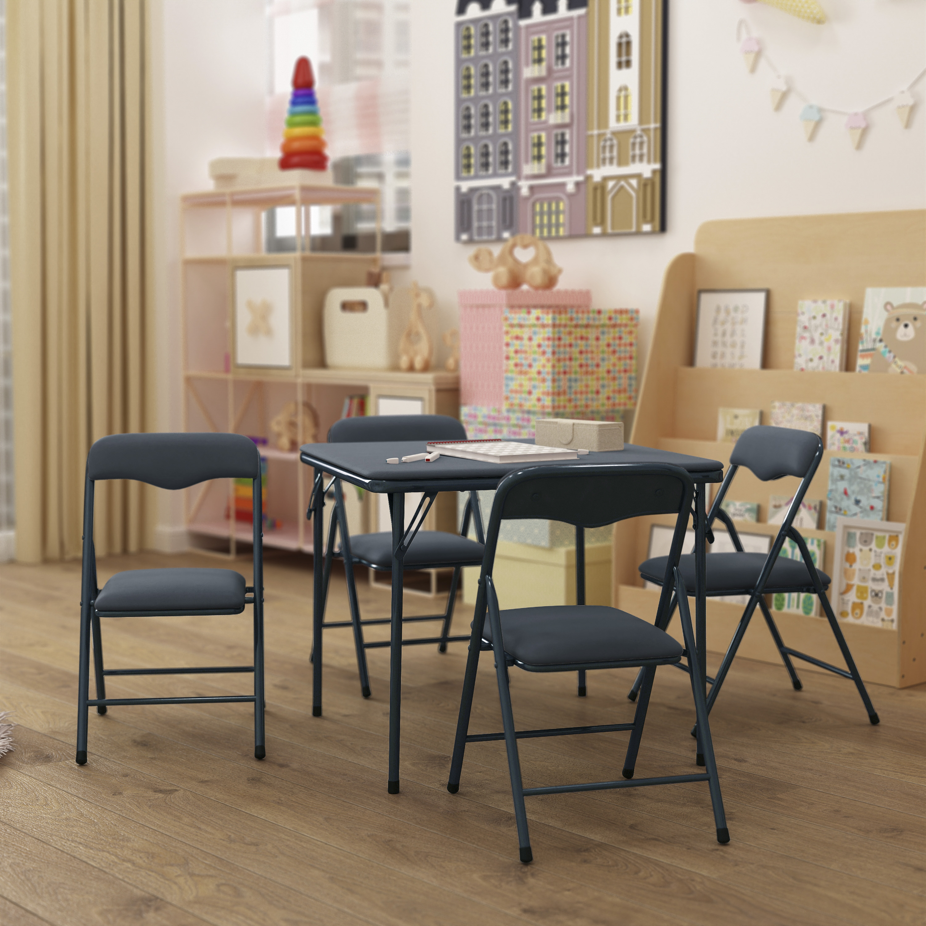 HBCY Creations Kids 5-Piece Folding Table and Chairs Set, Navy